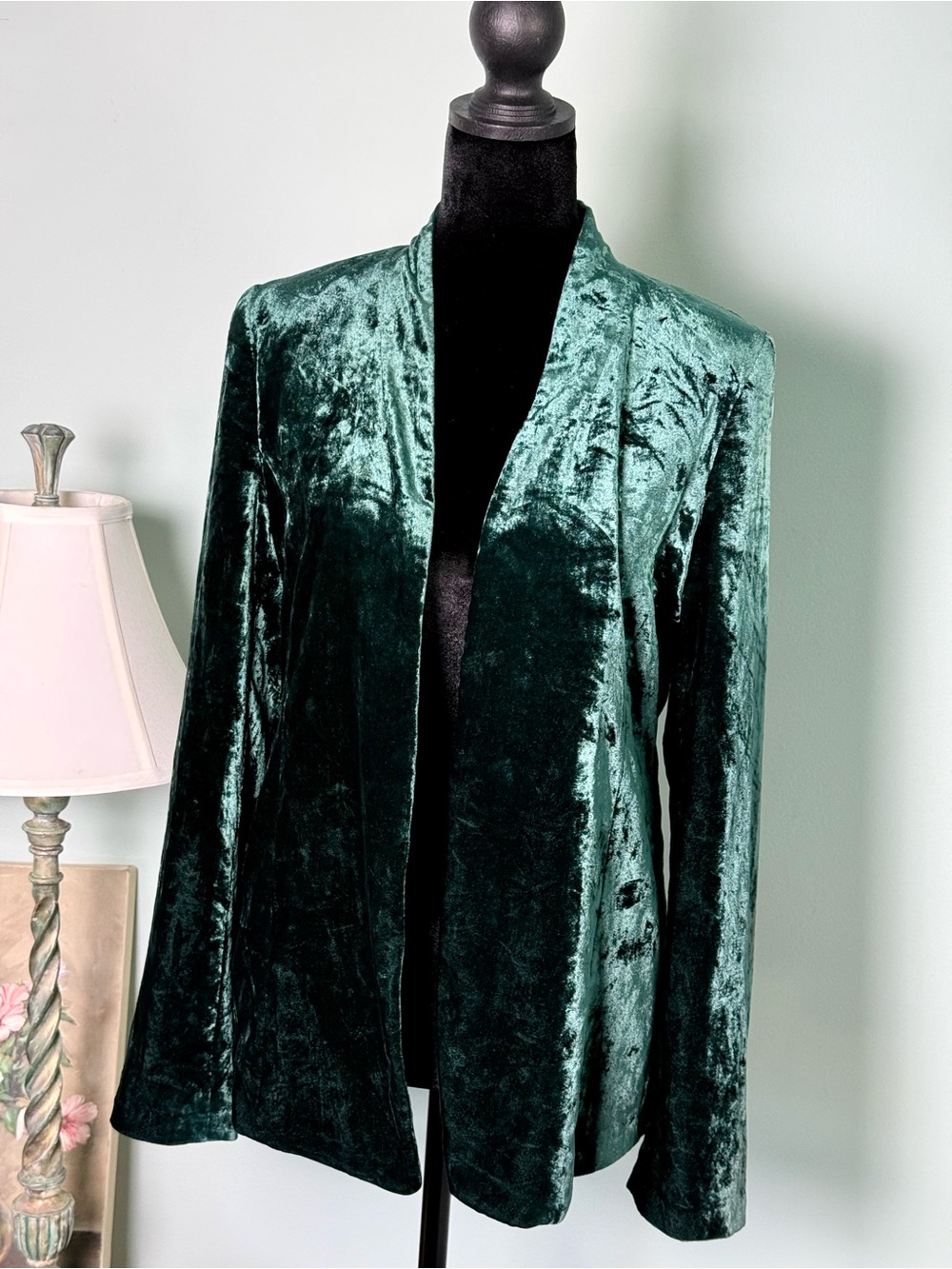 Loft Women's Velvet Open-Front Jacket - Dark Green Size Small - Picture 2 of 9